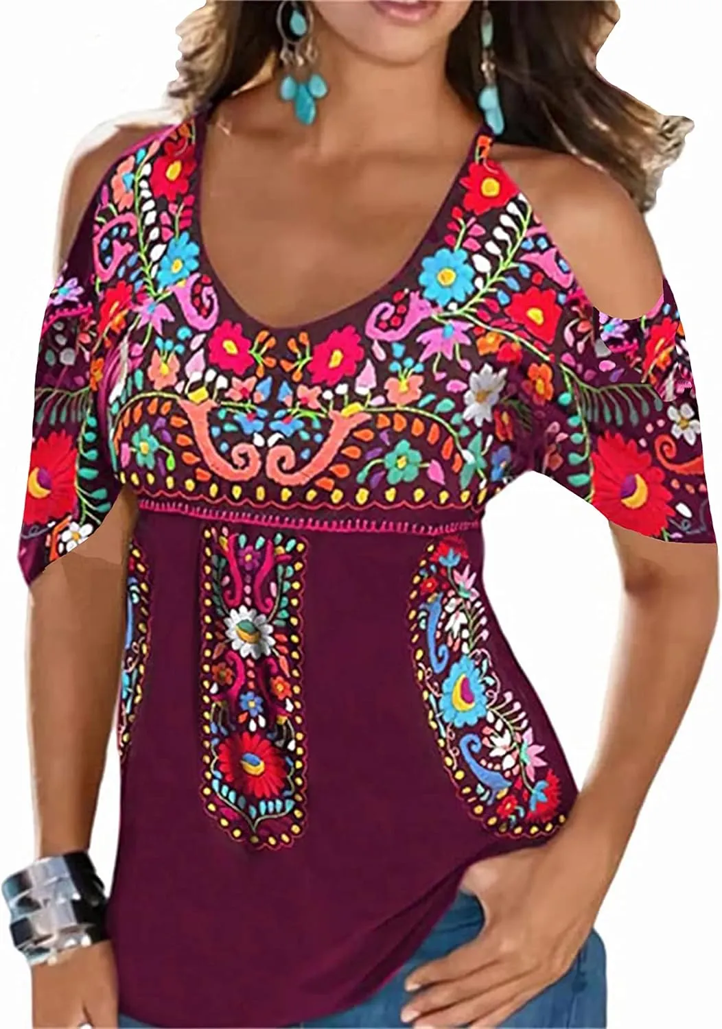 Melliflo Women Embroidered Cold Shoulder Tops Casual Peasant Blouses Summer Short Sleeve Mexican Shirts
