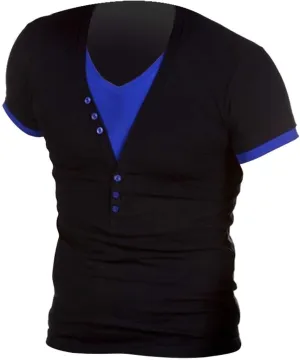 Men Casual Slim Fit Basic Henley Shirts Double Layered Cotton Soft V Neck Short Sleeve Button Up Placket Summer Tops