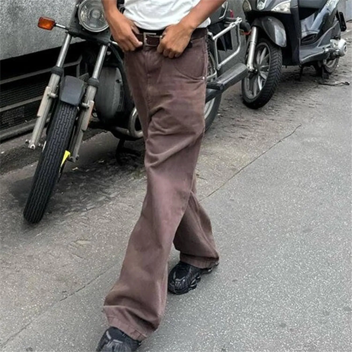 Men Grunge Jeans Mid Rise Baggy Wide Leg Hip Hop Skater Denim Pants Vintage Low Waist Loose Fit Trousers Streetwear