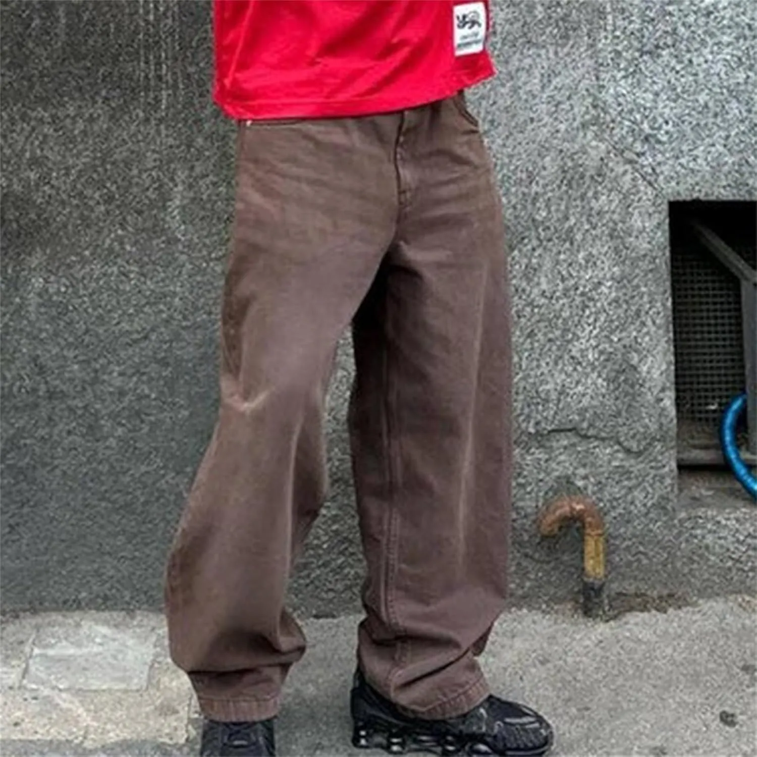 Men Grunge Jeans Mid Rise Baggy Wide Leg Hip Hop Skater Denim Pants Vintage Low Waist Loose Fit Trousers Streetwear