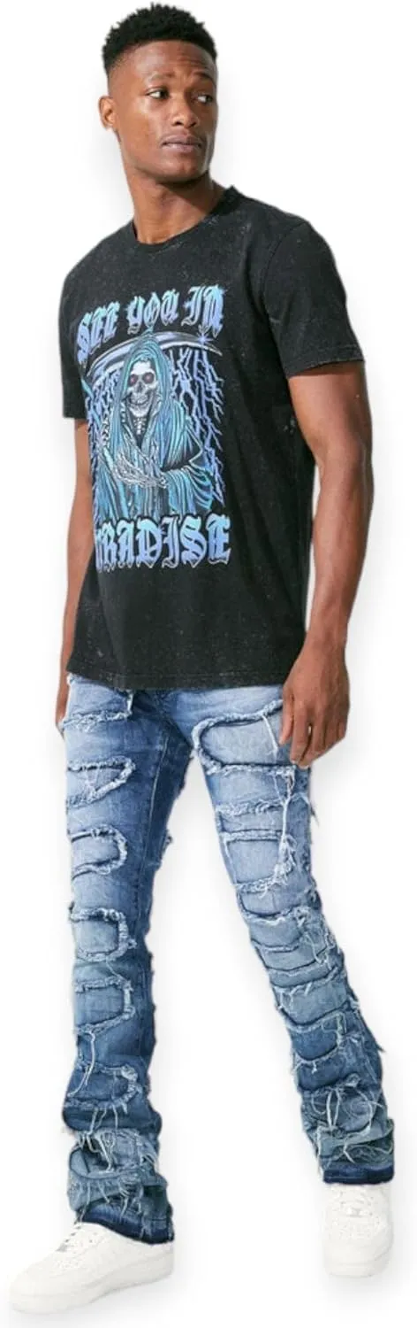 Men Martin Oasis Denim: Stacked, Ripped, Stretch, Relaxed Fit Jeans for Men – Stylish Blue Denim for Street Wear