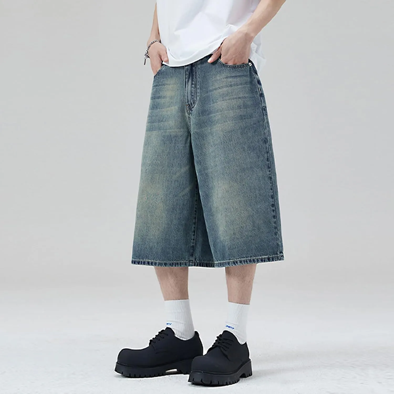 Men's Baggy Jean Shorts Jorts Y2K Hip Hop Wide Leg Denim Shorts Skater Grunge Jeans Causal Streetwear Jorts