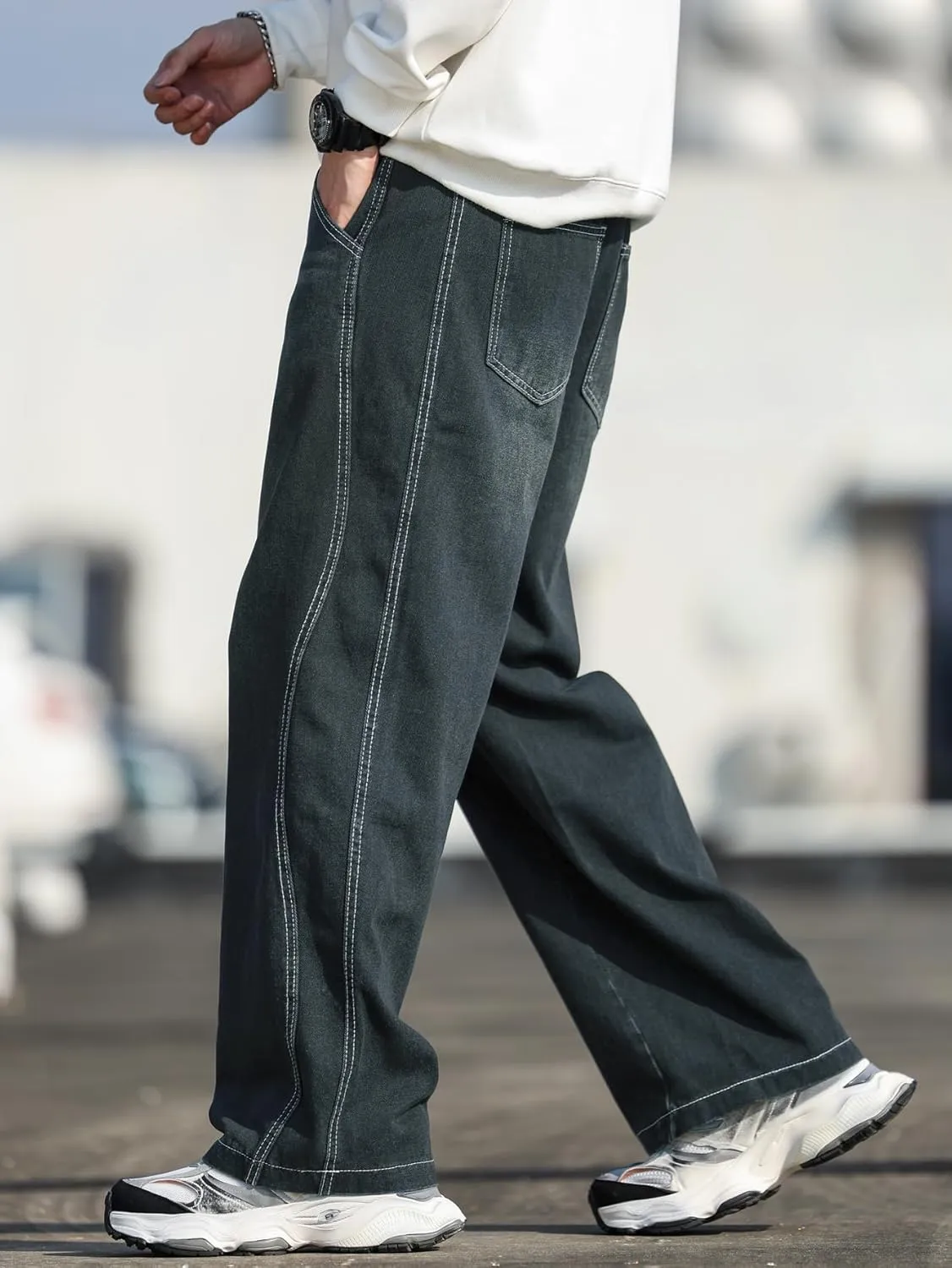 Mens Baggy Jeans Distressed Wide Leg Denim Pants Casual Loose Fit Trousers Streetwear