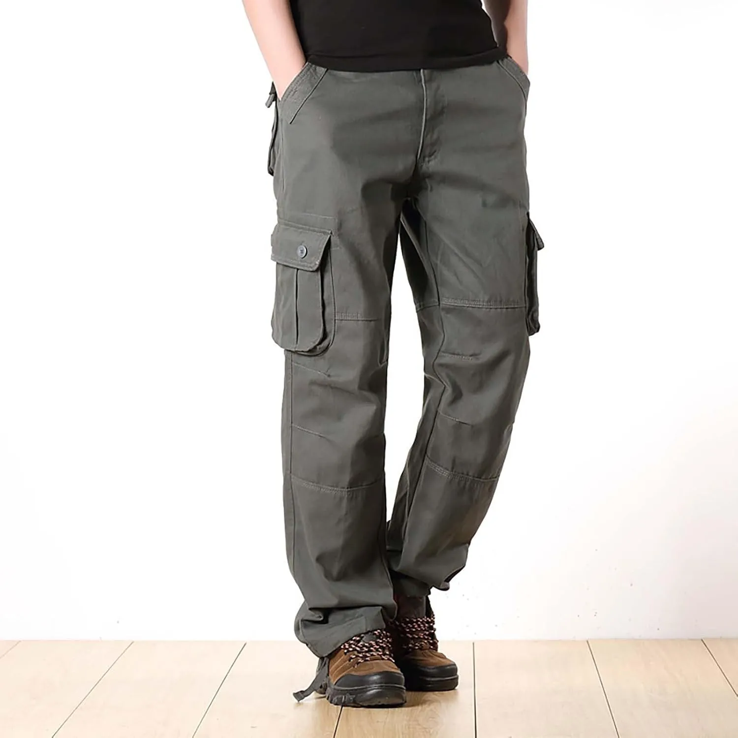 Men's Cotton Cargo Pants Comfort Flat Front Stretch Chino Golf Trouser Classic Basic Heavy Duty Durable Work Utility Pants