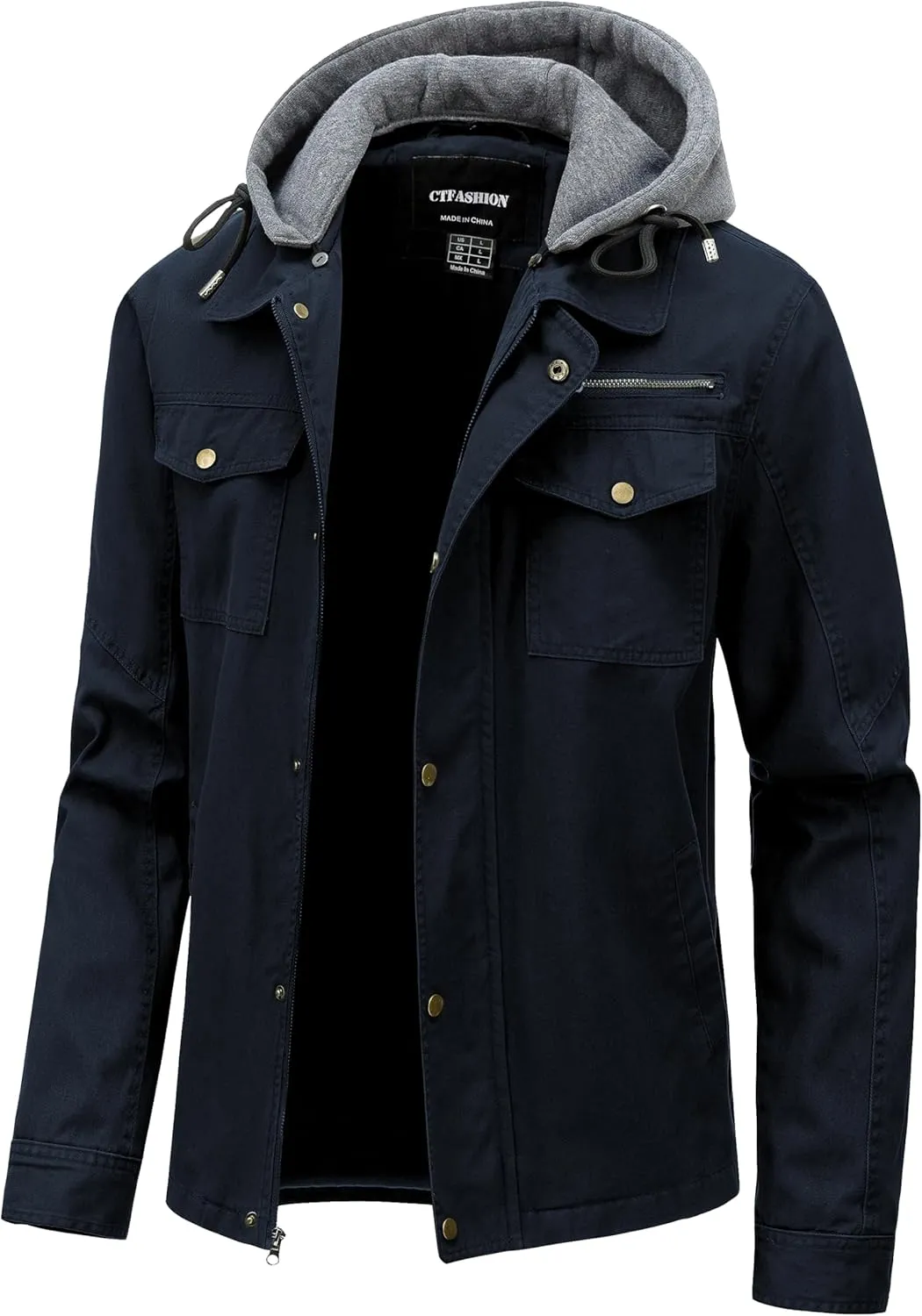 Men's Cotton Lightweight Jacket Military Canvas Field Coat Work Outwear Casual Spring Cargo Jacket with Hooded