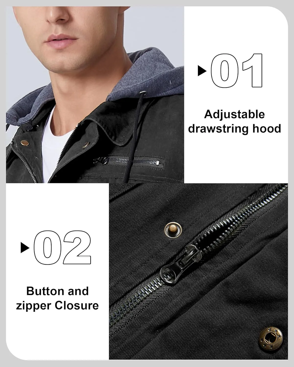 Men's Cotton Lightweight Jacket Military Canvas Field Coat Work Outwear Casual Spring Cargo Jacket with Hooded