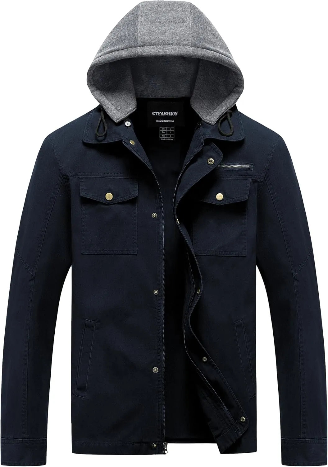 Men's Cotton Lightweight Jacket Military Canvas Field Coat Work Outwear Casual Spring Cargo Jacket with Hooded