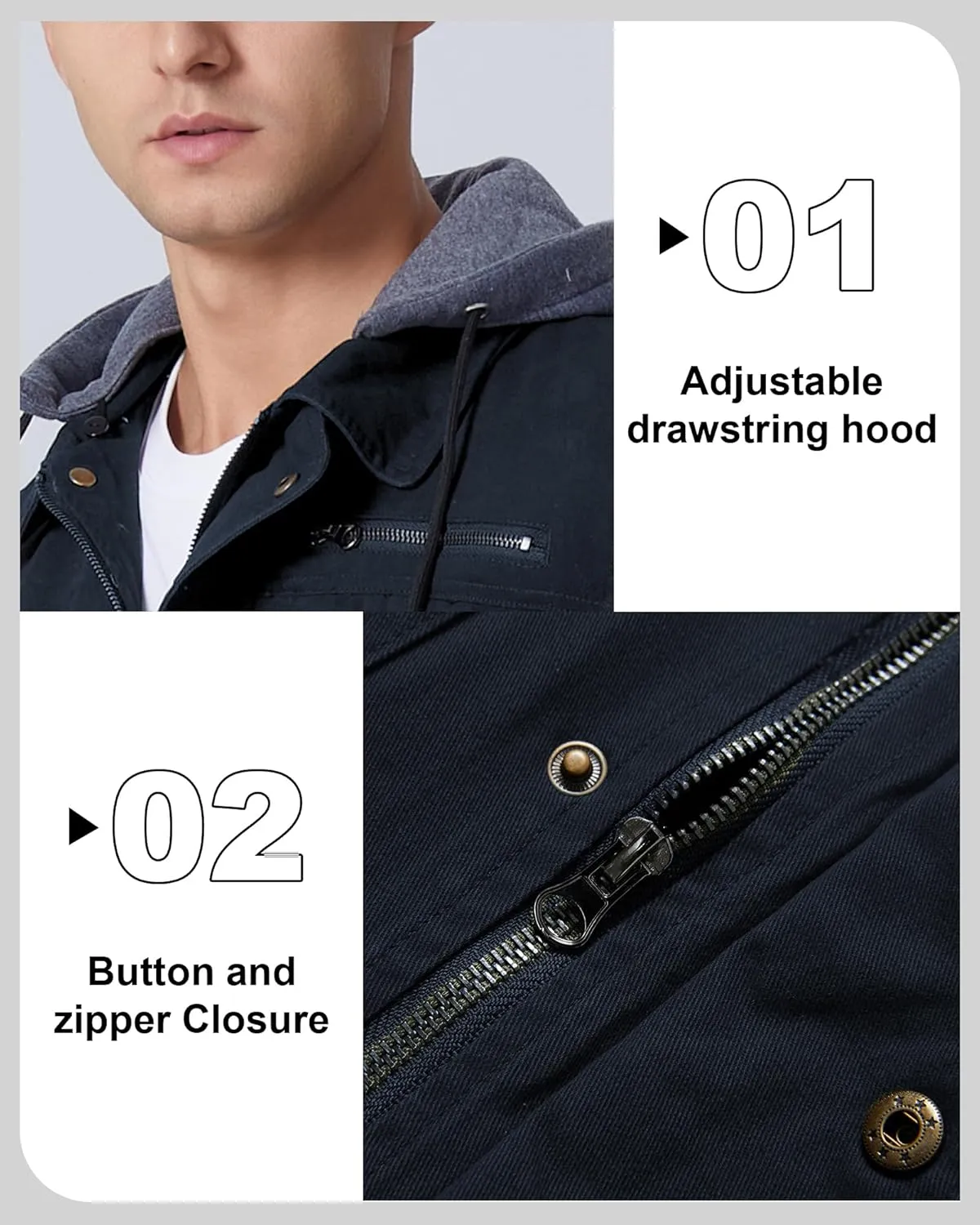 Men's Cotton Lightweight Jacket Military Canvas Field Coat Work Outwear Casual Spring Cargo Jacket with Hooded