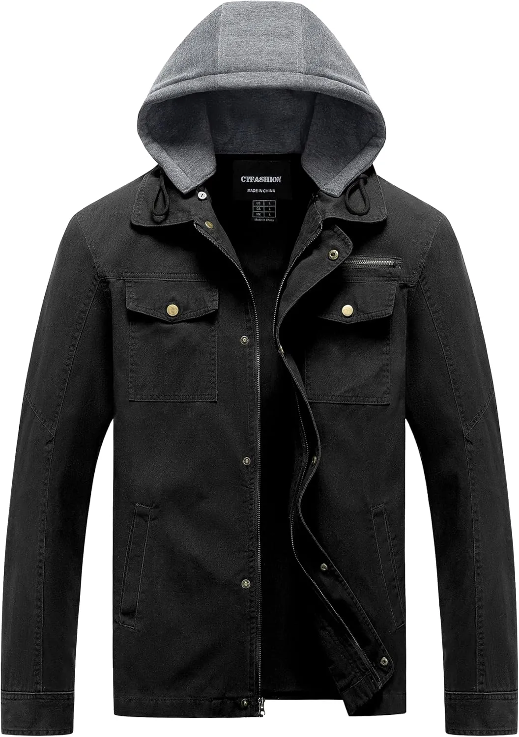 Men's Cotton Lightweight Jacket Military Canvas Field Coat Work Outwear Casual Spring Cargo Jacket with Hooded