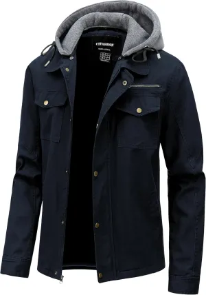 Men's Cotton Lightweight Jacket Military Canvas Field Coat Work Outwear Casual Spring Cargo Jacket with Hooded