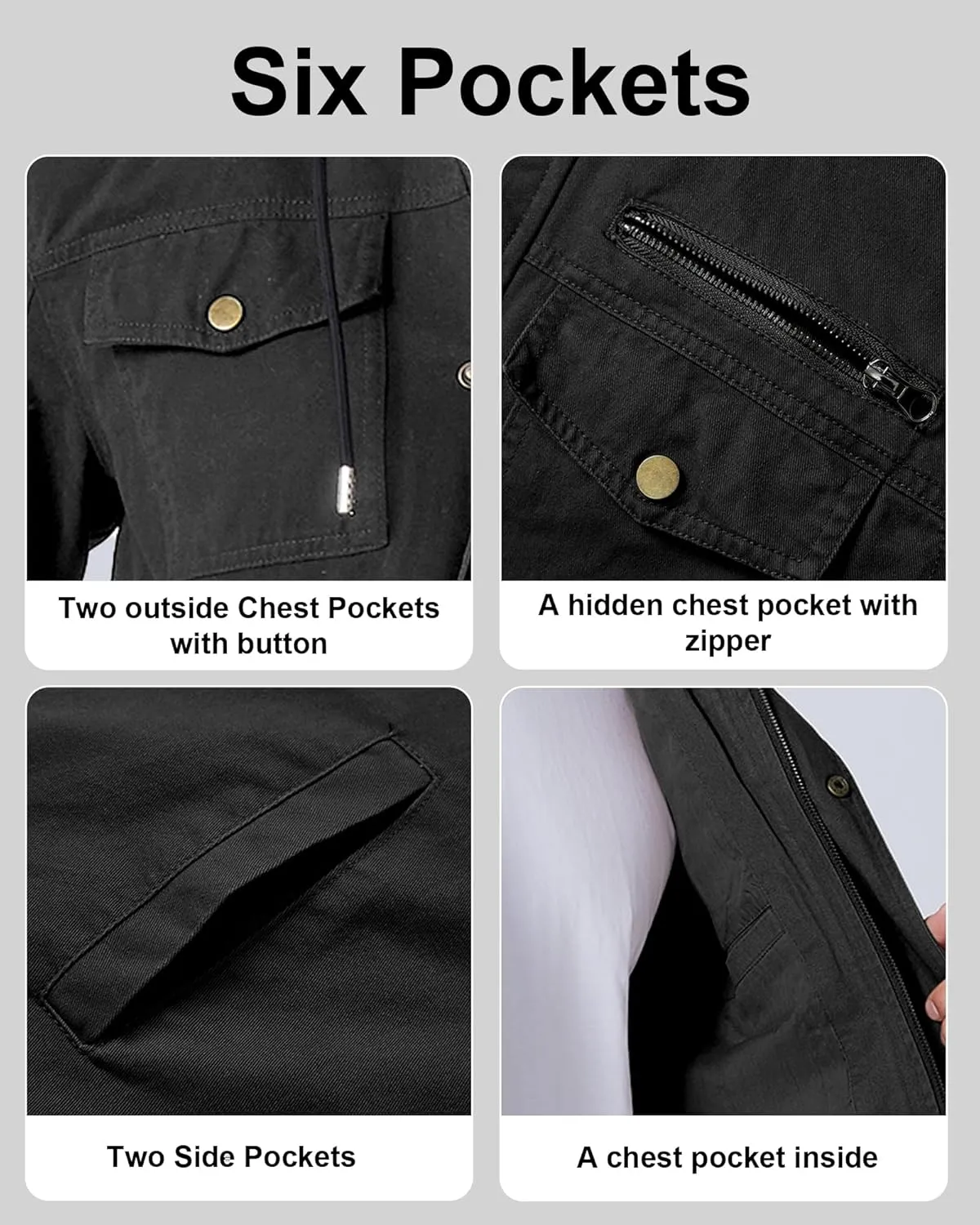 Men's Cotton Lightweight Jacket Military Canvas Field Coat Work Outwear Casual Spring Cargo Jacket with Hooded