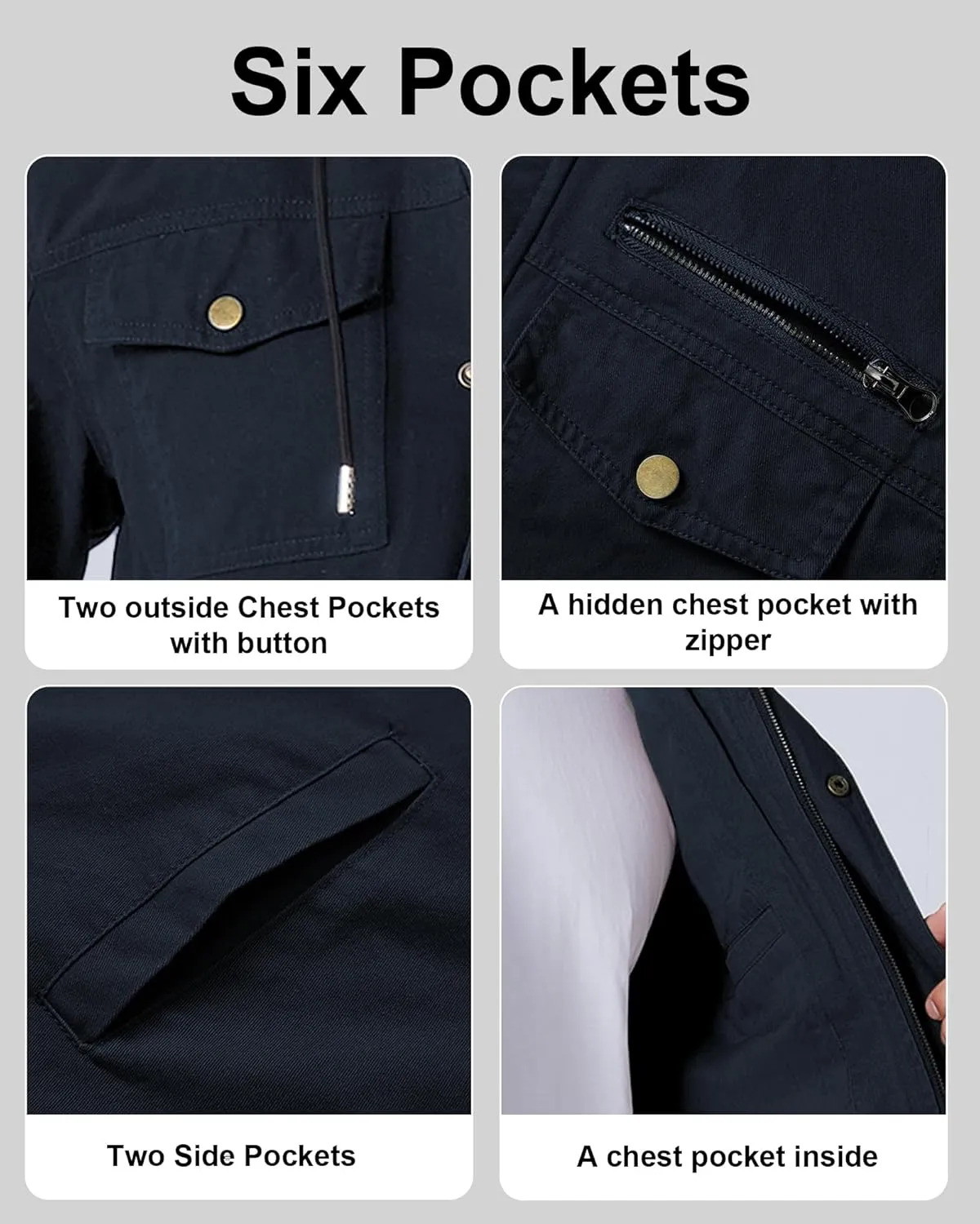 Men's Cotton Lightweight Jacket Military Canvas Field Coat Work Outwear Casual Spring Cargo Jacket with Hooded