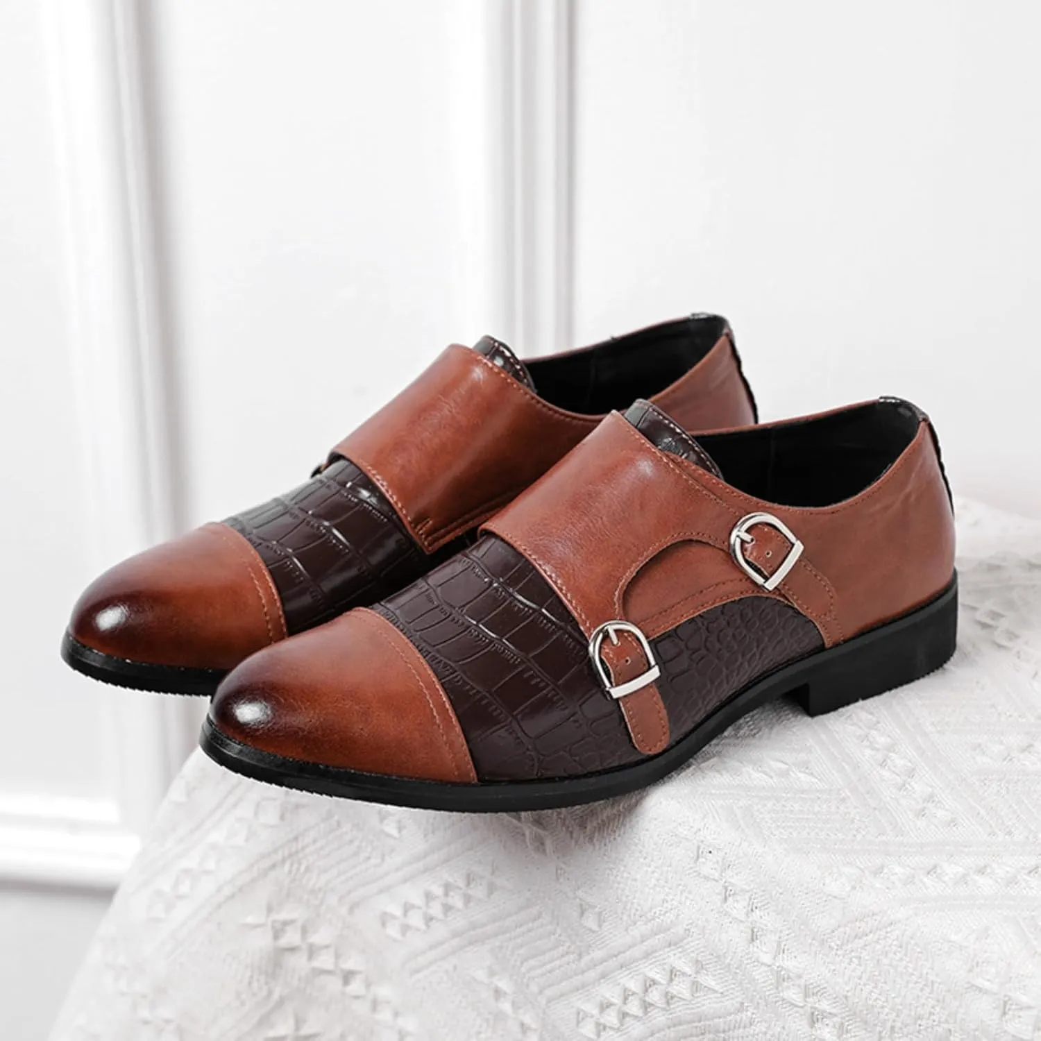 Men's Double Monk Strap Dress Shoes - Genuine Leather Slip-On Loafers with Crocodile Texture & Metal Buckle for Business Formal Casual