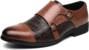 Men's Double Monk Strap Dress Shoes - Genuine Leather Slip-On Loafers with Crocodile Texture & Metal Buckle for Business Formal Casual