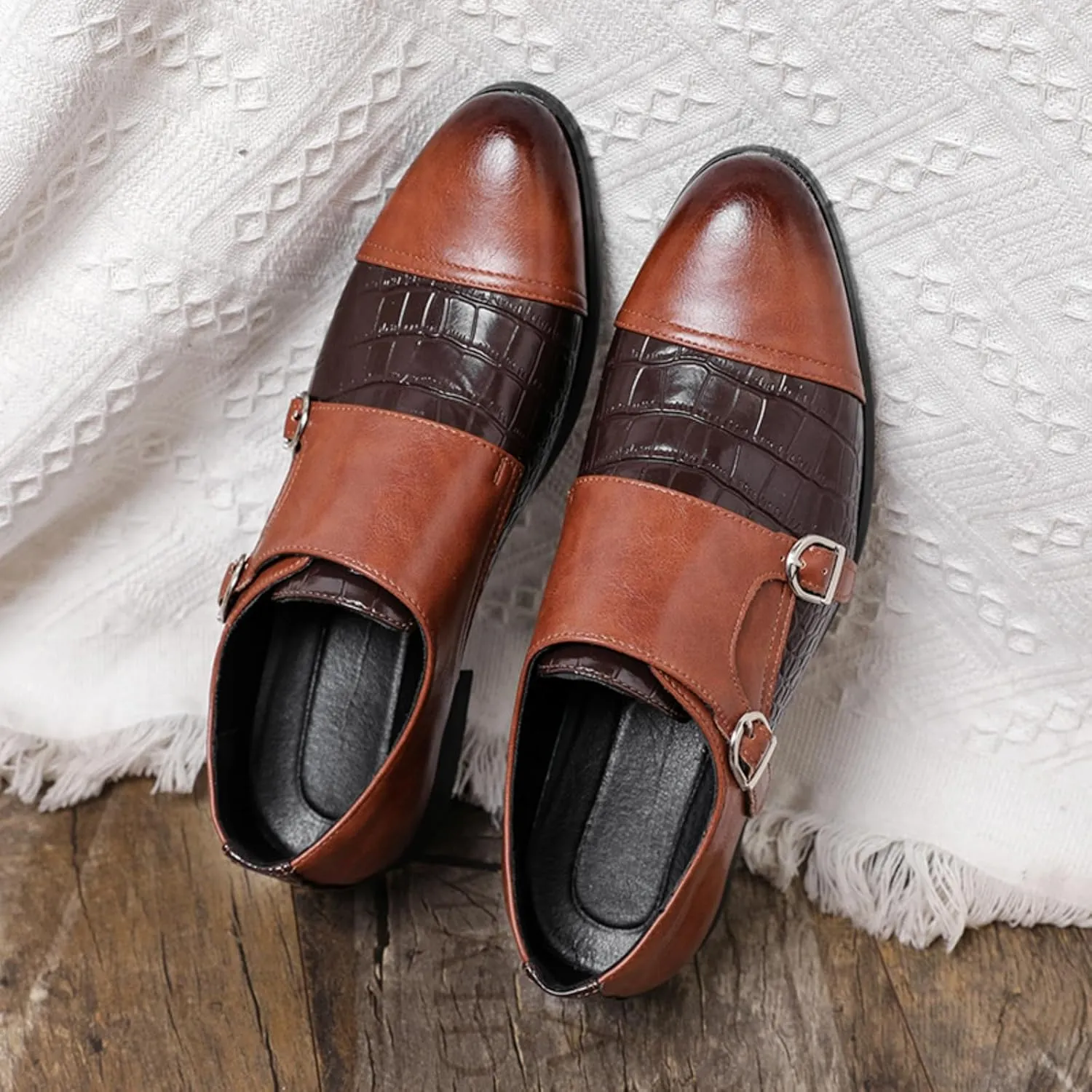 Men's Double Monk Strap Dress Shoes - Genuine Leather Slip-On Loafers with Crocodile Texture & Metal Buckle for Business Formal Casual