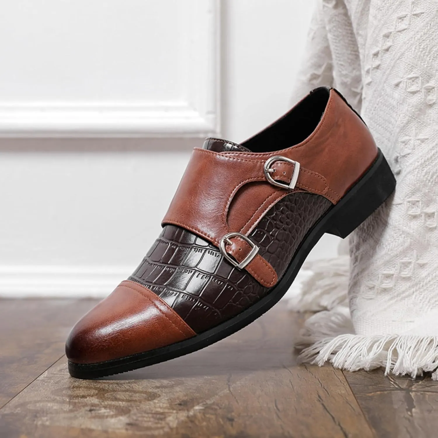 Men's Double Monk Strap Dress Shoes - Genuine Leather Slip-On Loafers with Crocodile Texture & Metal Buckle for Business Formal Casual