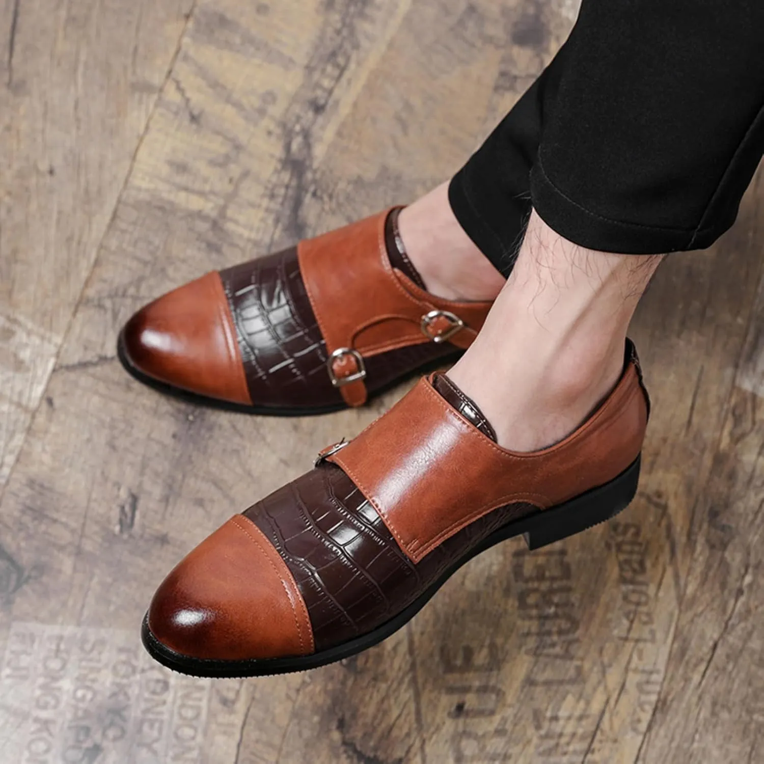 Men's Double Monk Strap Dress Shoes - Genuine Leather Slip-On Loafers with Crocodile Texture & Metal Buckle for Business Formal Casual