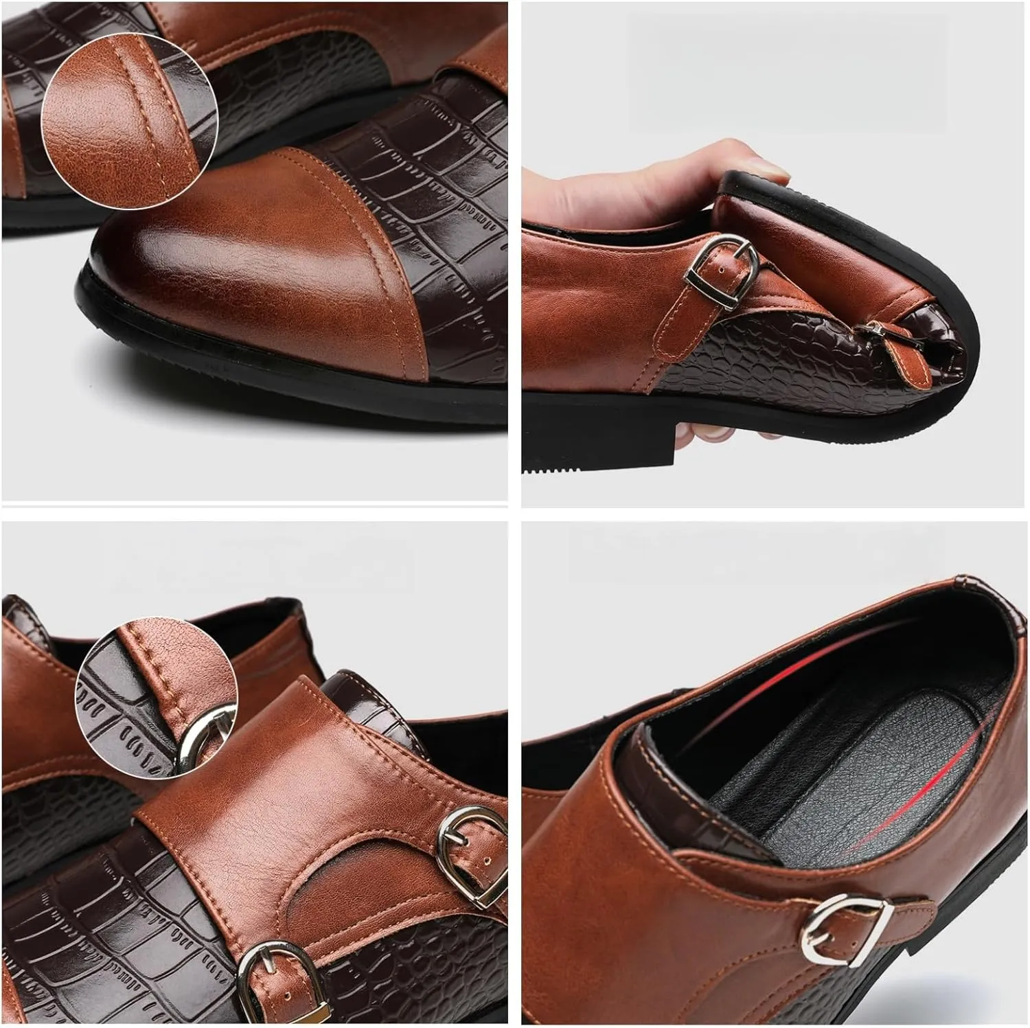 Men's Double Monk Strap Dress Shoes - Genuine Leather Slip-On Loafers with Crocodile Texture & Metal Buckle for Business Formal Casual