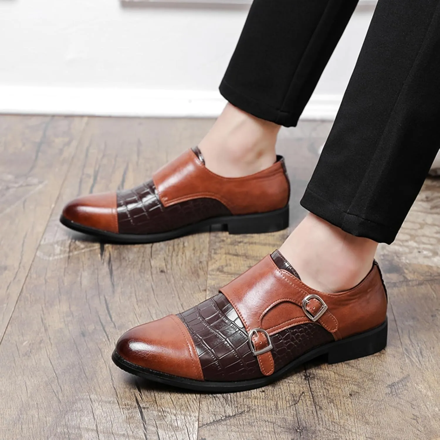 Men's Double Monk Strap Dress Shoes - Genuine Leather Slip-On Loafers with Crocodile Texture & Metal Buckle for Business Formal Casual