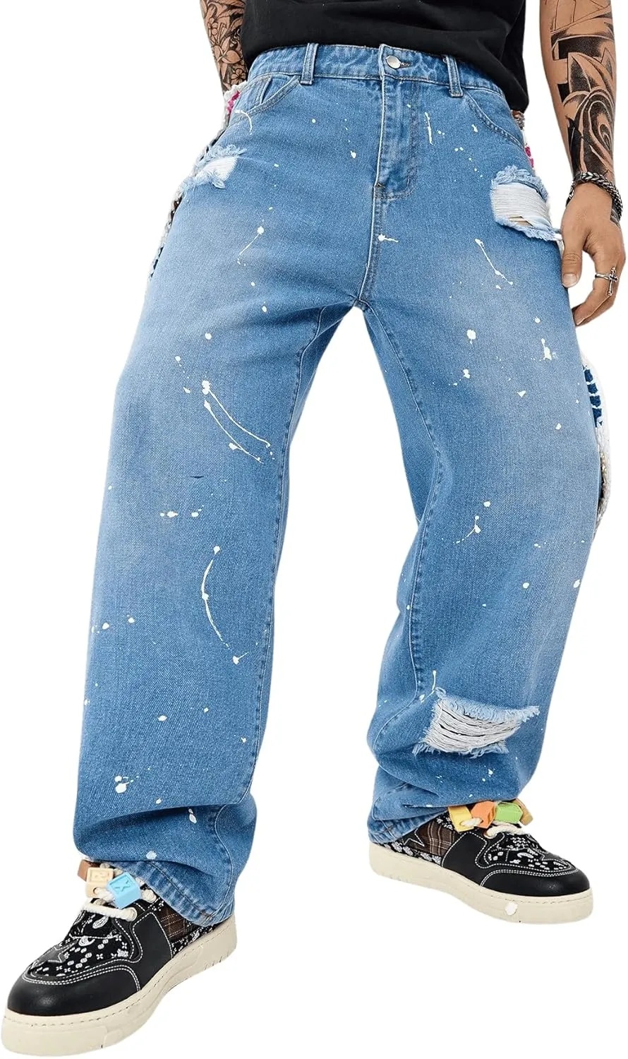 Men's Floral Crochet Baggy Jeans Ripped Distressed Jeans Hip Hop Straight Leg Denim Pants Streetwear