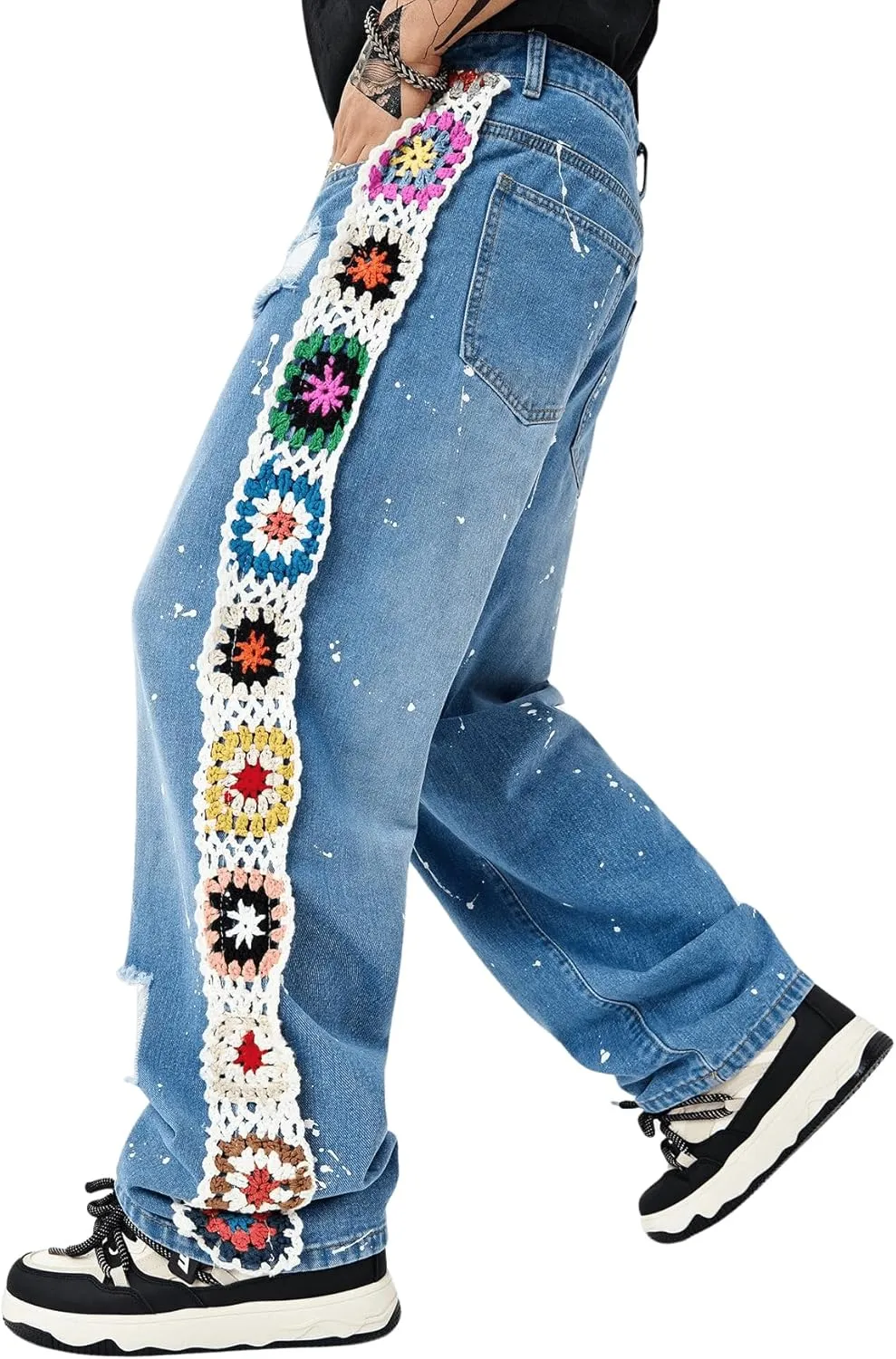Men's Floral Crochet Baggy Jeans Ripped Distressed Jeans Hip Hop Straight Leg Denim Pants Streetwear