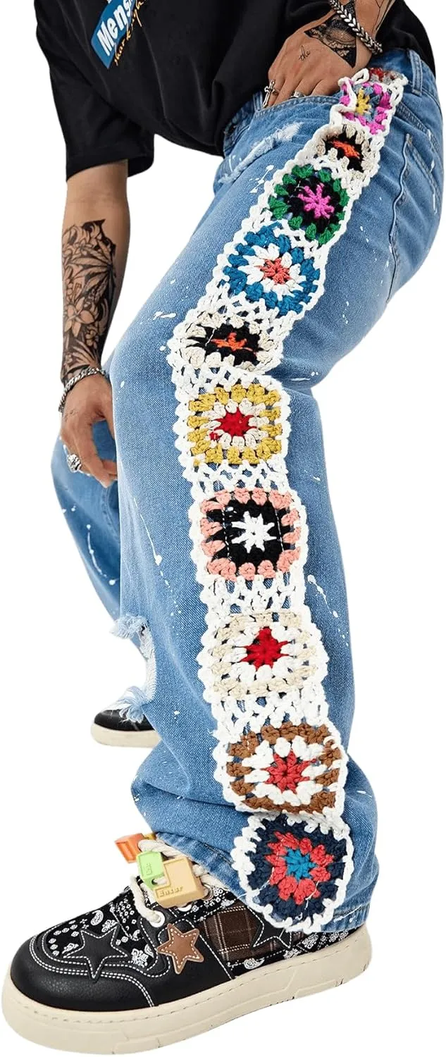 Men's Floral Crochet Baggy Jeans Ripped Distressed Jeans Hip Hop Straight Leg Denim Pants Streetwear