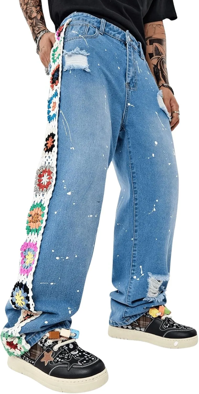 Men's Floral Crochet Baggy Jeans Ripped Distressed Jeans Hip Hop Straight Leg Denim Pants Streetwear