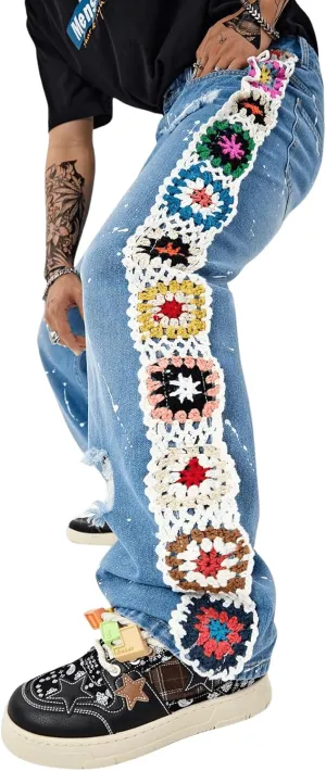 Men's Floral Crochet Baggy Jeans Ripped Distressed Jeans Hip Hop Straight Leg Denim Pants Streetwear