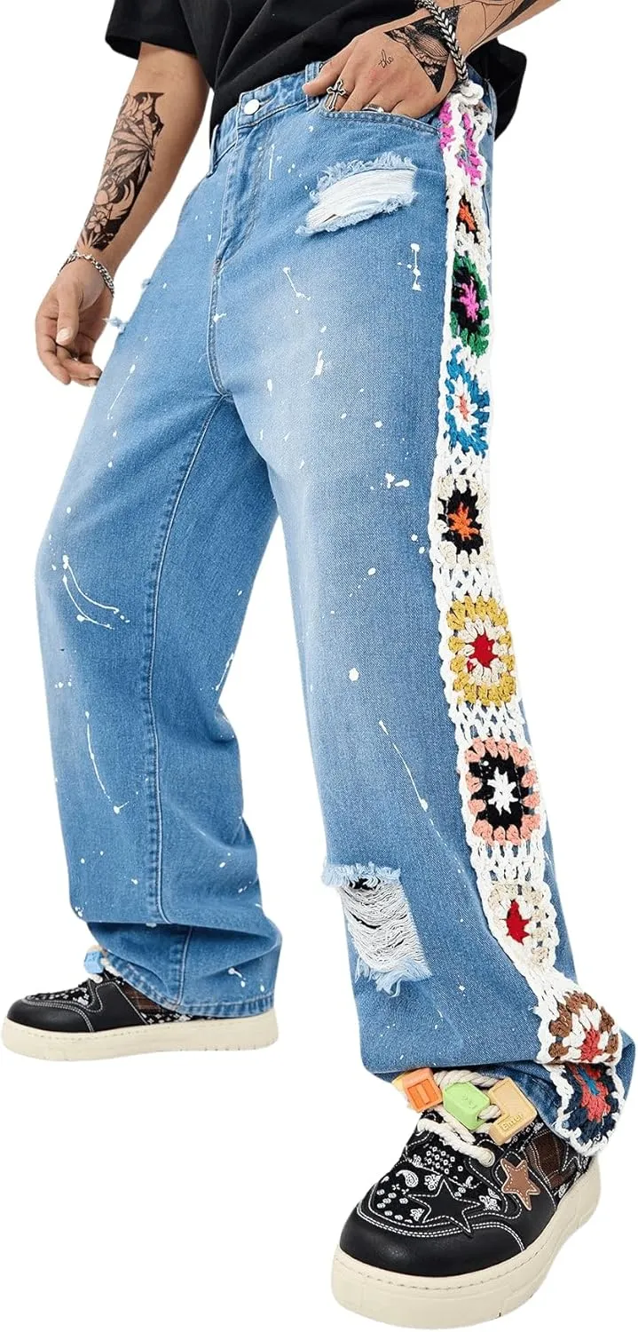 Men's Floral Crochet Baggy Jeans Ripped Distressed Jeans Hip Hop Straight Leg Denim Pants Streetwear