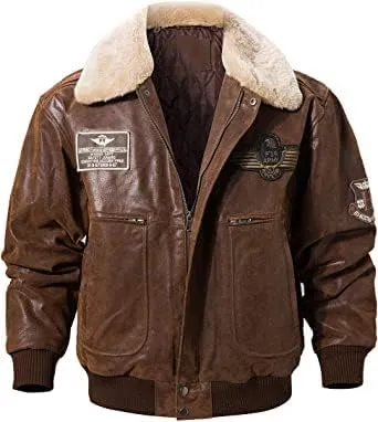 Men's G1 Flying Aviator Pilot Multiple Patches Bomber Leather Jacket With Removable Fur Collar for men.