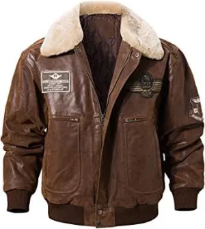Men's G1 Flying Aviator Pilot Multiple Patches Bomber Leather Jacket With Removable Fur Collar for men.