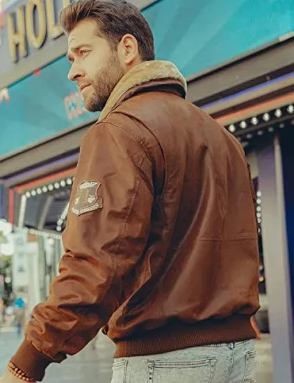 Men's G1 Flying Aviator Pilot Multiple Patches Bomber Leather Jacket With Removable Fur Collar for men.