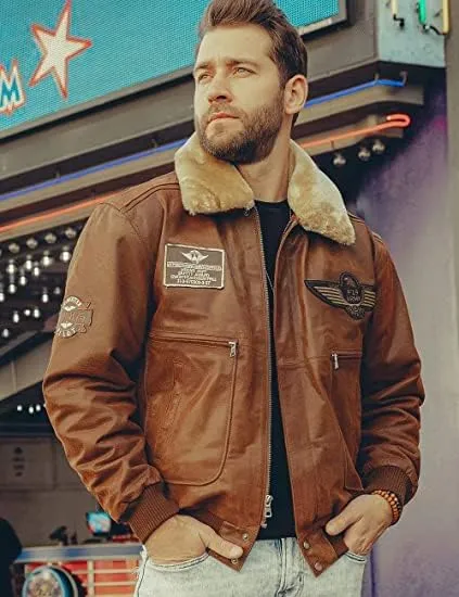 Men's G1 Flying Aviator Pilot Multiple Patches Bomber Leather Jacket With Removable Fur Collar for men.