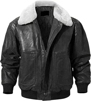 Men's G1 Flying Aviator Pilot Multiple Patches Bomber Leather Jacket With Removable Fur Collar for men.
