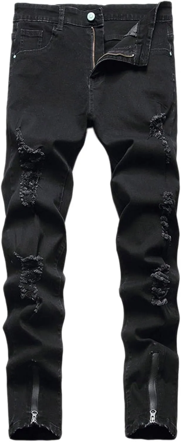 Men's Regular Fit Comfort Jean Frayed Pants Distressed Rip Trousers Straight Leg Jeans Men Mens Jeans Big and Tall