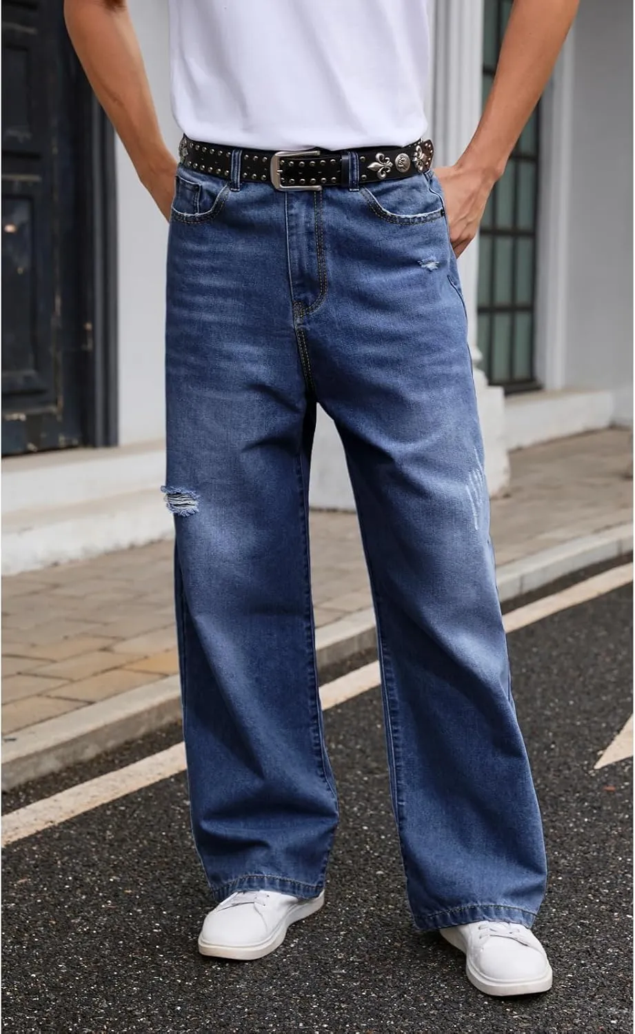 Men's Ripped Baggy Jeans Hip Hop Loose Fit Distressed Denim Pants Wide Leg Streetwear Trousers