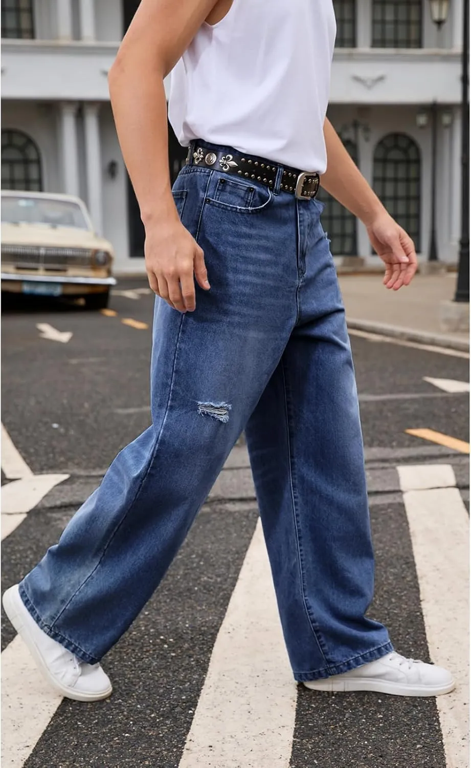 Men's Ripped Baggy Jeans Hip Hop Loose Fit Distressed Denim Pants Wide Leg Streetwear Trousers