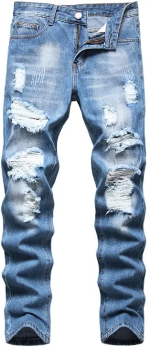 Men's Ripped Distressed Destroyed Straight Fit Washed Denim Jeans Pants