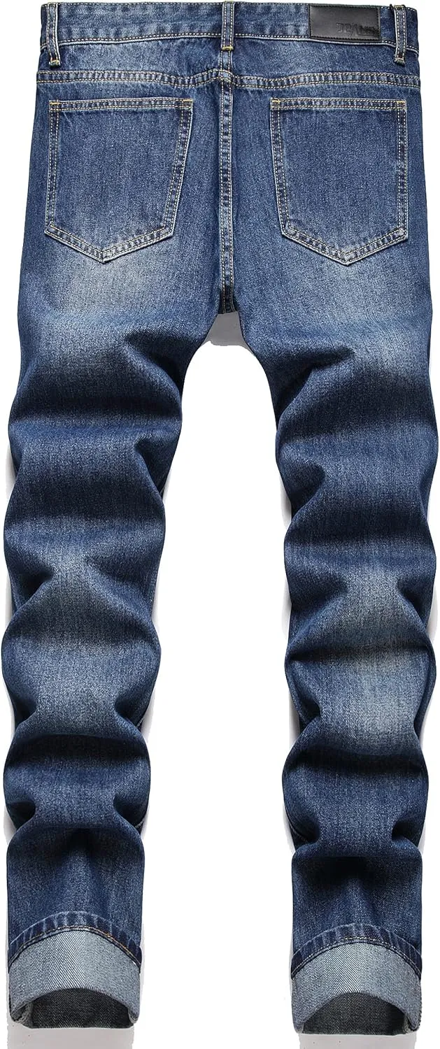 Men's Ripped Distressed Destroyed Straight Fit Washed Denim Jeans Pants