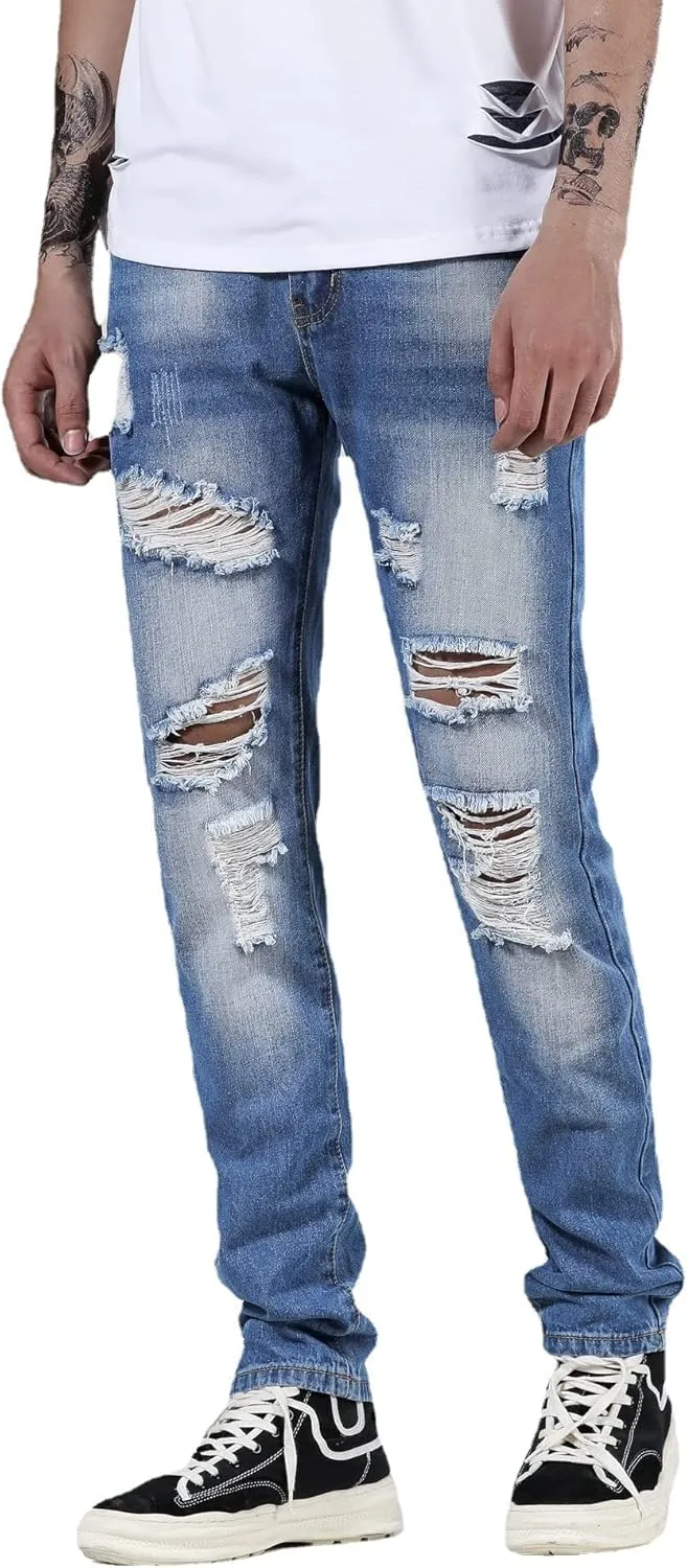 Men's Ripped Distressed Destroyed Straight Fit Washed Denim Jeans Pants