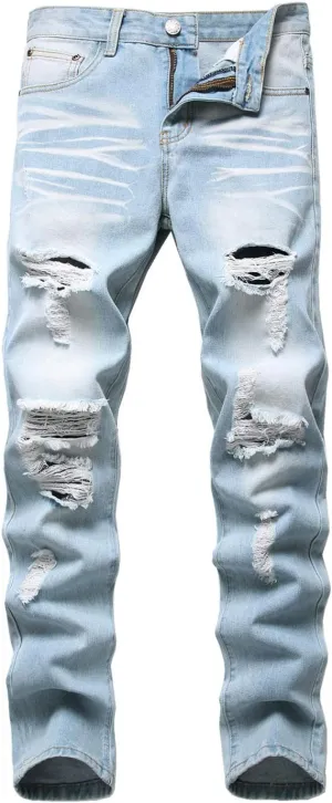 Men's Ripped Distressed Destroyed Straight Fit Washed Denim Jeans Pants