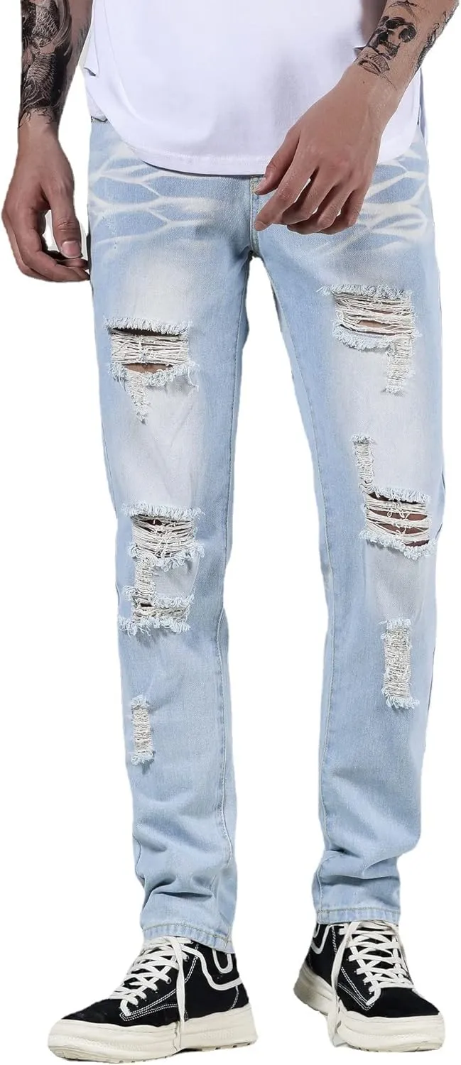 Men's Ripped Distressed Destroyed Straight Fit Washed Denim Jeans Pants