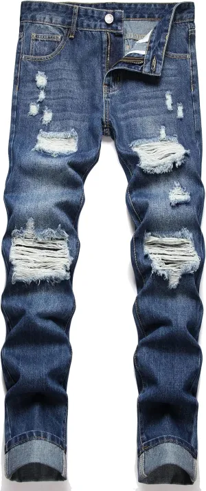 Men's Ripped Distressed Destroyed Straight Fit Washed Denim Jeans Pants