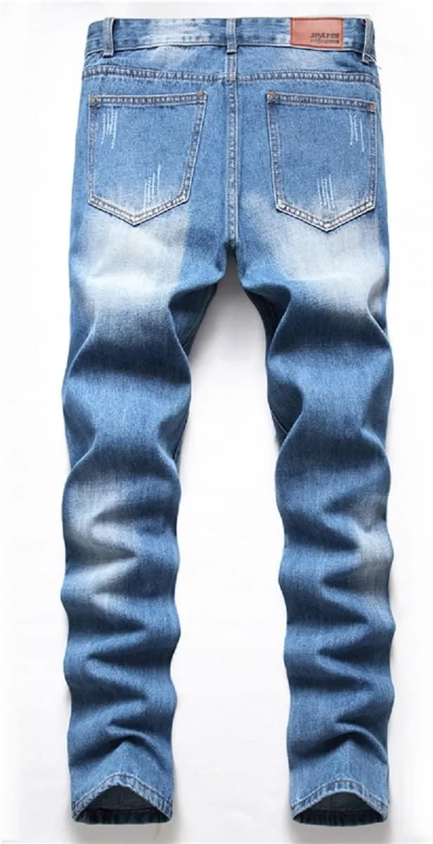 Men's Ripped Distressed Destroyed Straight Fit Washed Denim Jeans Pants