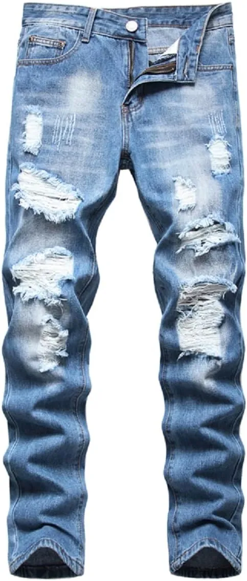 Men's Ripped Distressed Destroyed Straight Fit Washed Denim Jeans Pants