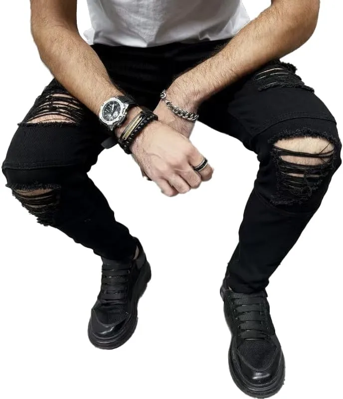 Men's Slim Fit Stretch Jeans Ripped Skinny Jeans for Men, Distressed Straight Leg Streetwear Comfort Male Pants