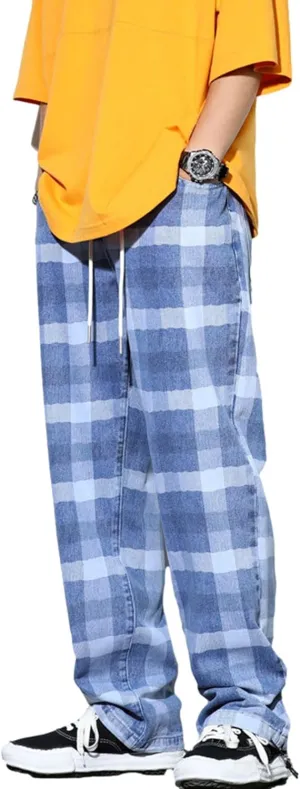 Men's Street Hip Hop Loose Straight Distressed Ripped Patchwork Skateboard Denim Jeans Pants