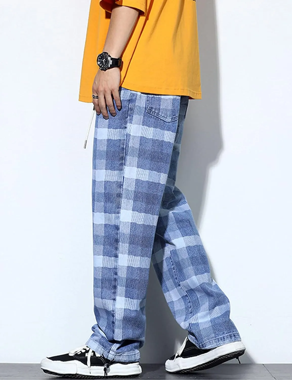 Men's Street Hip Hop Loose Straight Distressed Ripped Patchwork Skateboard Denim Jeans Pants