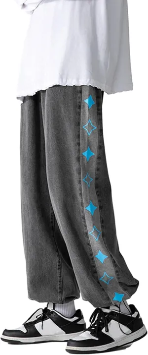 Men's Street Hip Hop Loose Straight Distressed Ripped Patchwork Skateboard Denim Jeans Pants