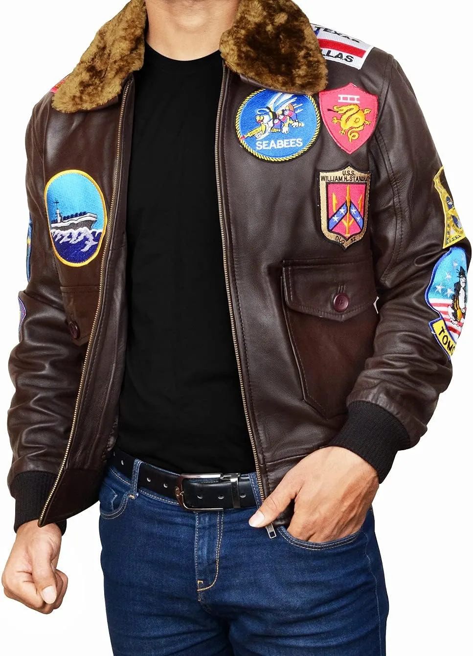 Mens USAAF G1 Gun Aviator Pilot Tom Cruise Maverik Black Fur Collar Bomber Genuine Leather Jacket